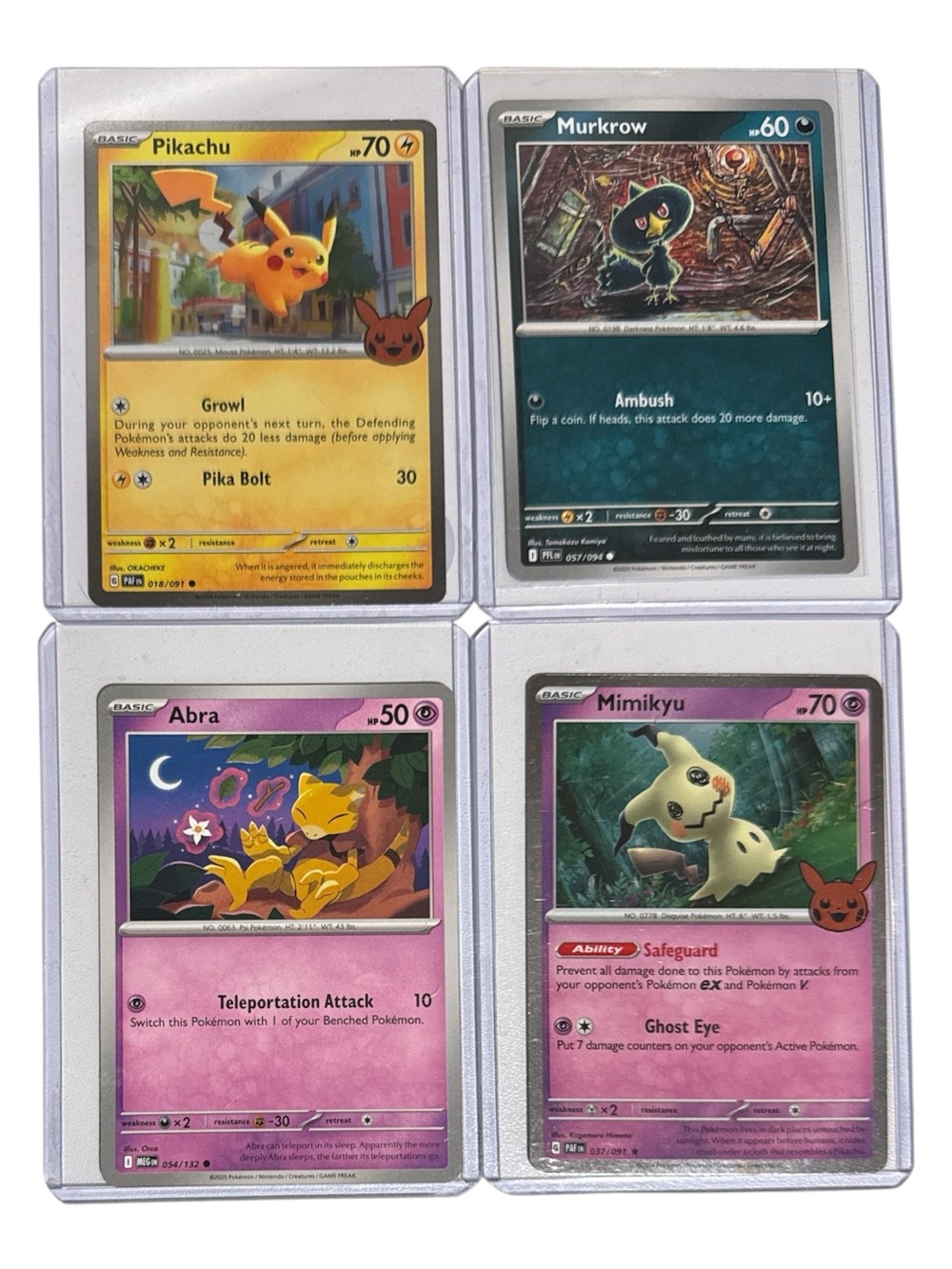 Pokemon Trading Cards (4): Pikachu Murkrow Abra & Mimikyu In Sleeves